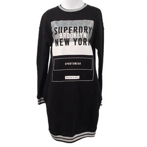 Superdry Sweatshirt Dress Womens Small Black Graphic Tipped Rib Tunic